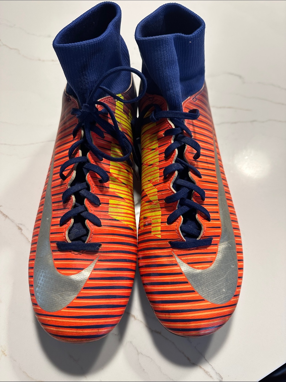 Nike Mercurial Orange and Navy Soccer Cleats with Silver Swoosh -Sz 8